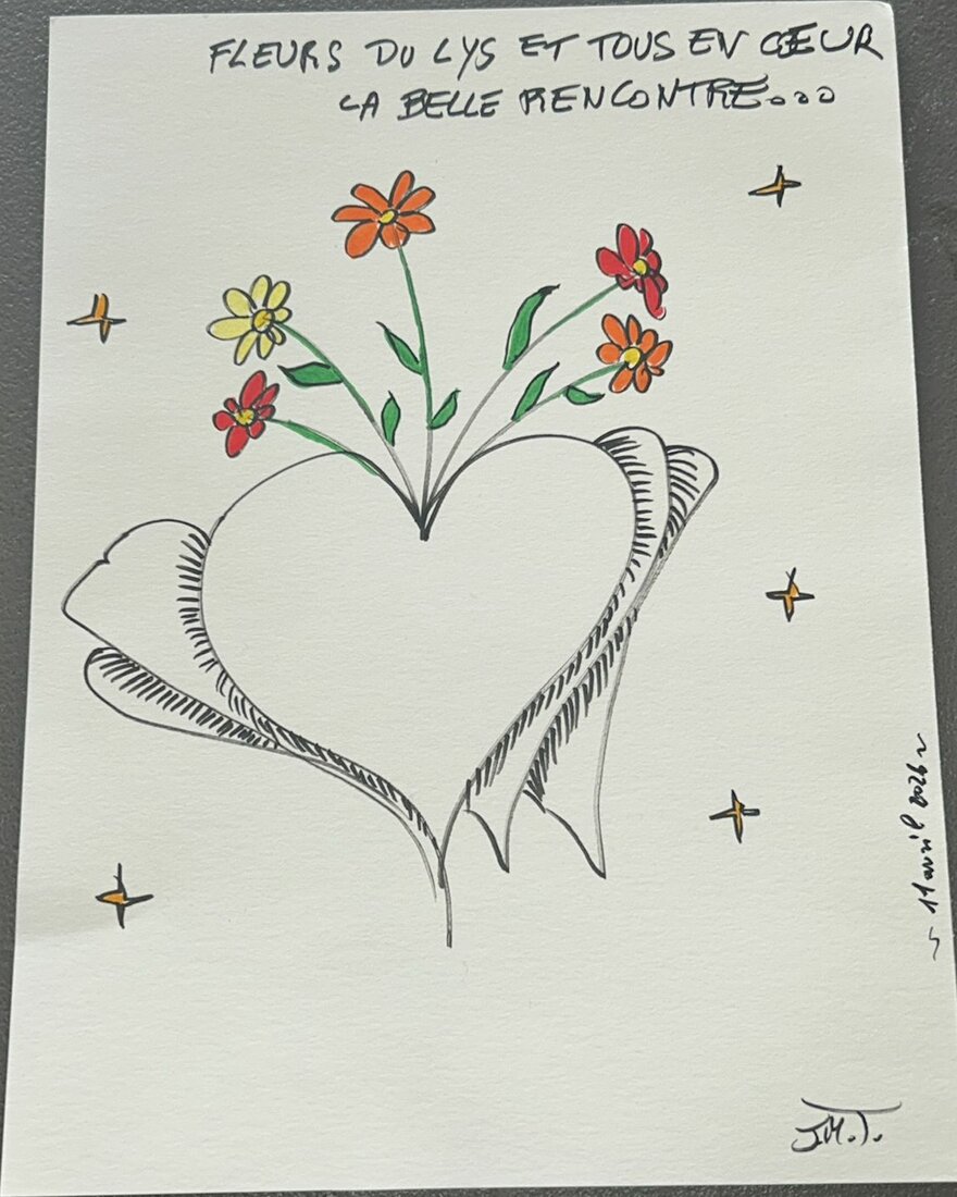 Dessin : un cœur entouré de fleurs colorées, intitulé « Fleurs du Lys et Tous en Cœur, la belle rencontre »