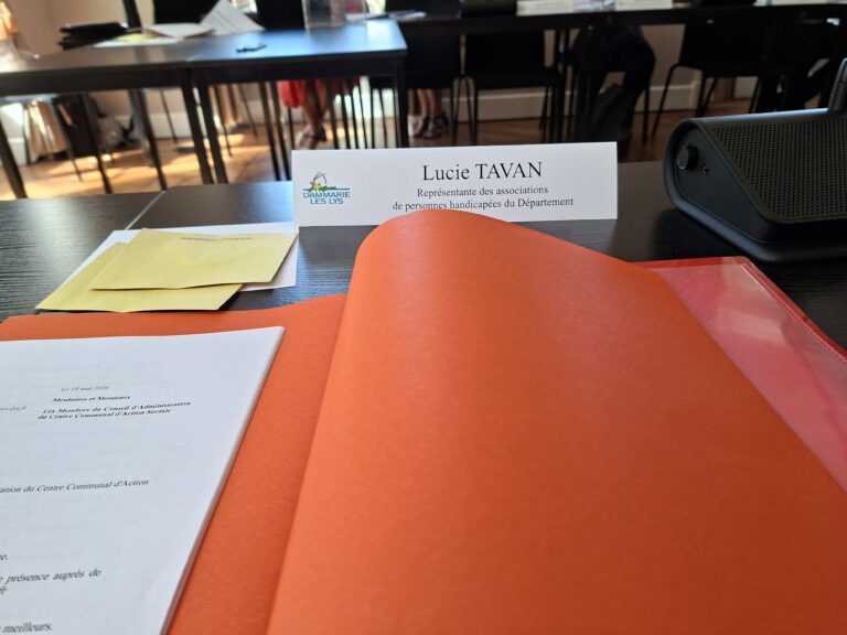 Table de réunion du Conseil d'Administration du CCAS de Dammarie-lès-Lys, avec le nom de Lucie Tavan, représentante des associations de personnes handicapées du département